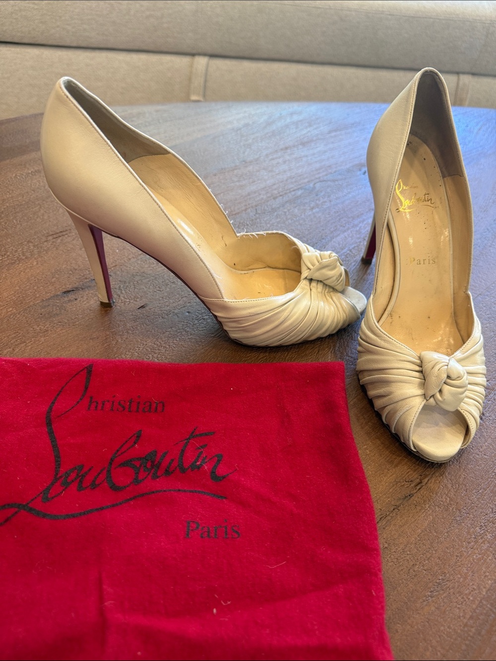Christian Louboutin Ivory d’Orsay Pumps Ruched Knot Peep-Toe Size 40